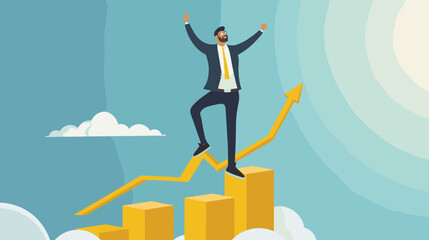 Businessman Celebrates Career Growth Standing on Top of Growth Chart, Flag in Hand, Symbol of Achievement