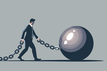 Businessman Chained to Metal Ball, Representing Financial Crisis and Burden in Business Environment