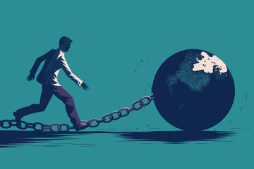Businessman Chained to Metal Ball, Representing Financial Crisis and Burden in Business Environment