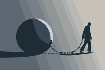 Businessman Chained to Metal Ball, Representing Financial Crisis and Burden in Business Environment