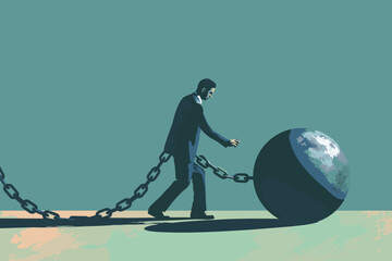 Businessman Chained to Metal Ball, Representing Financial Crisis and Burden in Business Environment