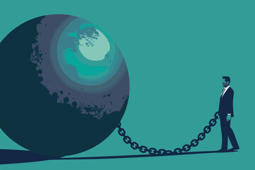 Businessman Chained to Metal Ball, Representing Financial Crisis and Burden in Business Environment