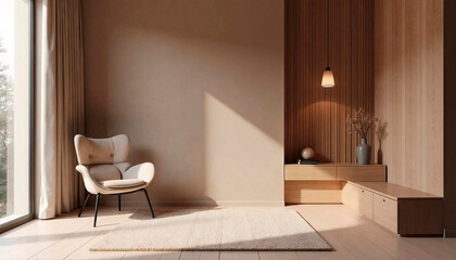 Fototapeta premium interior of modern living room with wooden floor,brown wall,brown armchair and lamp