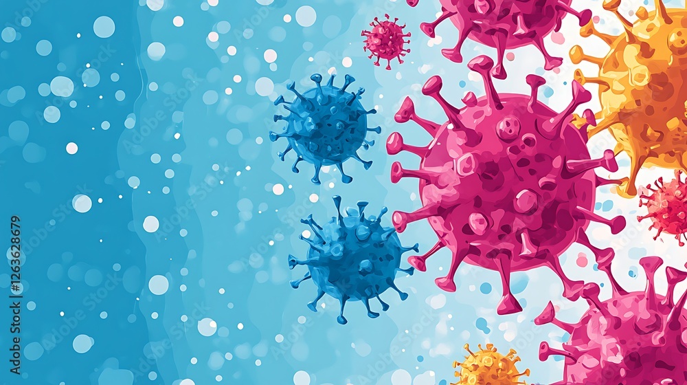 Poster colorful virus cells floating in a light blue background with bokeh effect.