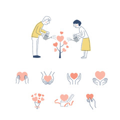 ハートの木に水をやる男女とハートのアイコン　セット