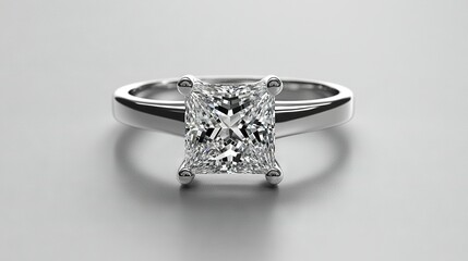   Close-up of a Princess Cut Diamond Ring on a White Background