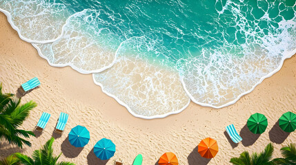 Fototapeta premium Aerial view of a tropical beach with colorful umbrellas and lounge chairs. Waves crashing on the shore. Palm trees line the beach. Perfect for travel advertising