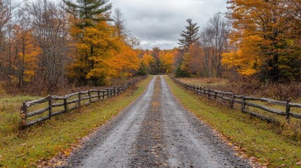 Obraz premium Autumn Driveway through Colorful Woods. Possible Use Stock photo for nature, fall, or travel themes