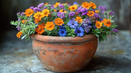 Colorful flowers in terracotta pot, rustic setting, still life, home decor, background