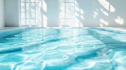 Obraz premium Indoor swimming pool with light blue water, white walls and large windows. The sun shines into the room through the windows onto the water's surface, creating gentle ripples