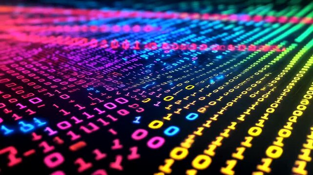 Colorful digital data stream with binary code flowing