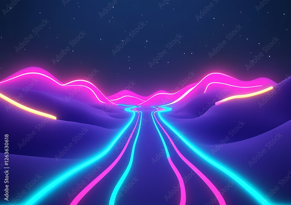 Canvas Prints Neon road through stylized mountains at night