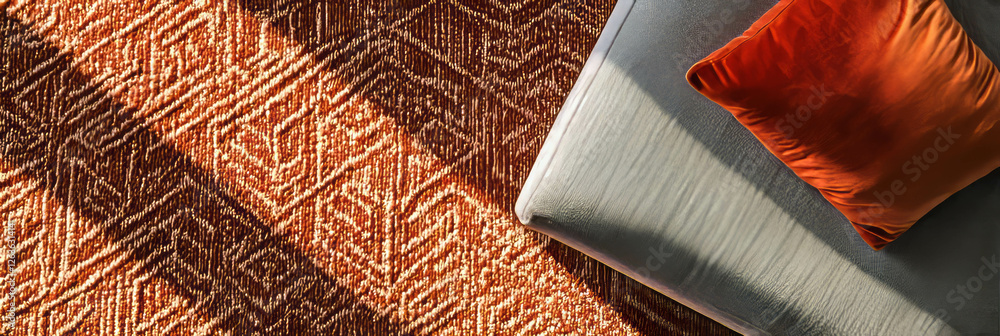 Poster Burnt orange textured loop carpet with geometric pattern and soft shadows enhancing ambiance