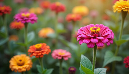 Obraz premium Zinnia blossoms in a colorful allotment garden