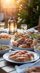 Sunset garden dinner party, food, drinks