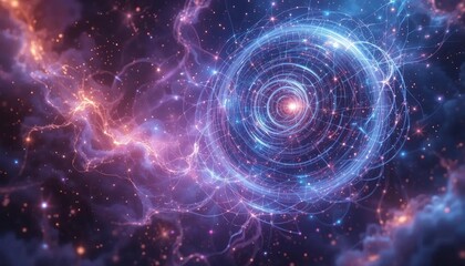 Obraz premium Cosmic spiral galaxy with glowing pink and blue nebulas symbolizing the vastness of the universe and deep space exploration perfect for astronomy and sci-fi visuals