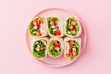 Fresh vegetable wraps on a pink plate served in a delightful arrangement