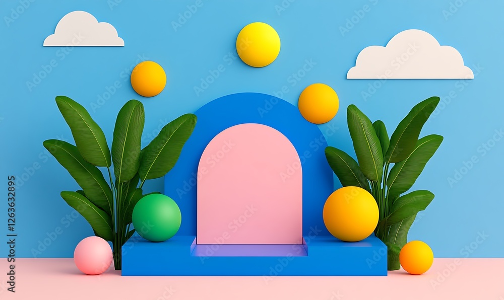 Poster Pastel arch display with plants & balls, sunny backdrop