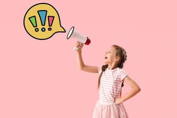 Little girl with megaphone and exclamation marks on pink background