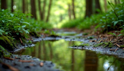 Fototapeta premium Forest puddle with lush greenery and reflections