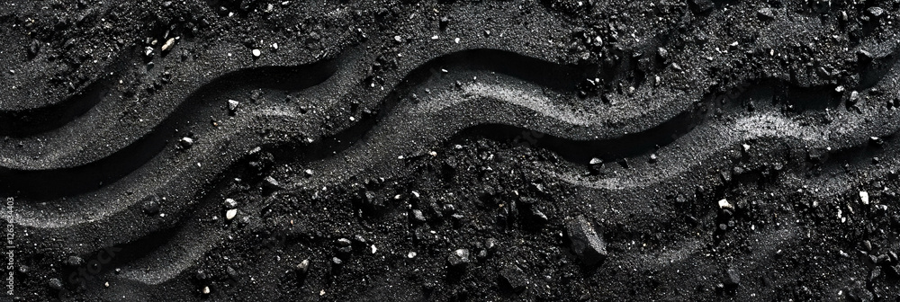 Poster compacted black sand texture with subtle tire marks creating smooth lines across the surface