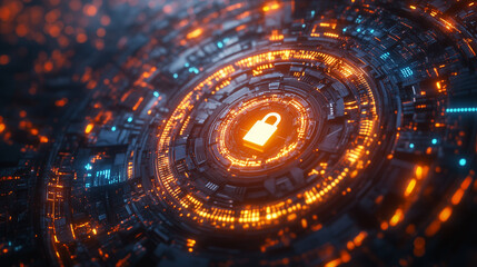 Cyber Protection Shield with Secure Lock on AI Circuit Background