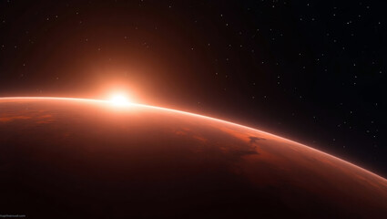 Obraz premium Cosmic sunrise over a marslike planet