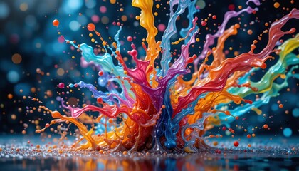 Abstract explosion of vibrant multicolored paint splashes creating a dynamic energy-filled artistic composition with fluid movement and striking contrast in a surreal digital artwork