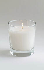 Minimalist Glass Candle with a Burning Flame on a Clean White Background, Creating a Warm and Relaxing Ambiance for Home Decor and Meditation
