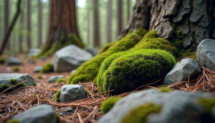 Obraz premium Moss-covered Rock in Forest with Pine Needles