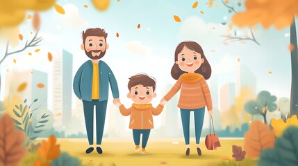 Happy family strolling in autumn park.