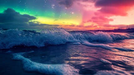 Fototapeta premium Vibrant Aurora Reflected in Turbulent Ocean Waves