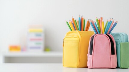 Colorful pencil cases on desk, classroom background, back to school