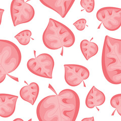 seamless spring pattern with round leaves of bright pink color on white background arranged randomly, for packaging or textile