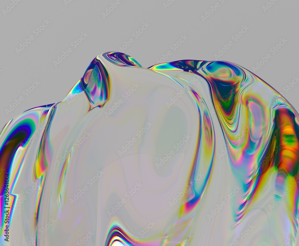 Aufkleber Abstract 3D render of a liquid form with iridescent, rainbow highlights. The glossy surface reflects light, creating a mesmerizing, fluid effect.