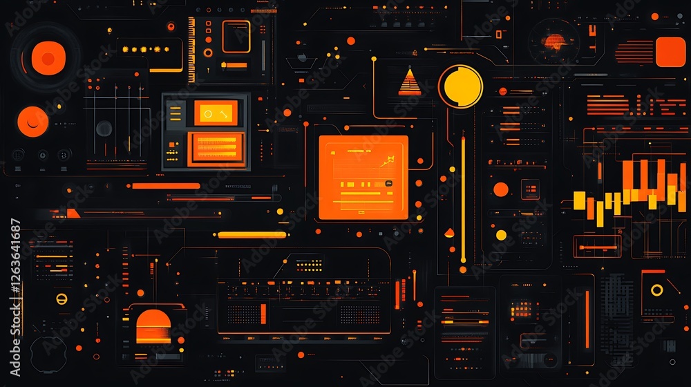 Poster abstract futuristic technological interface with orange and black color scheme.