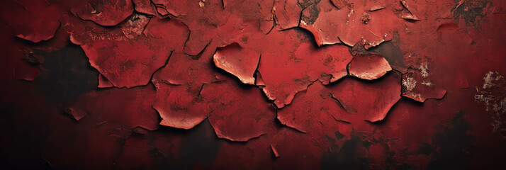 Fototapeta premium Peeling deep red wall texture with dark stains showcasing weathered beauty and chaos