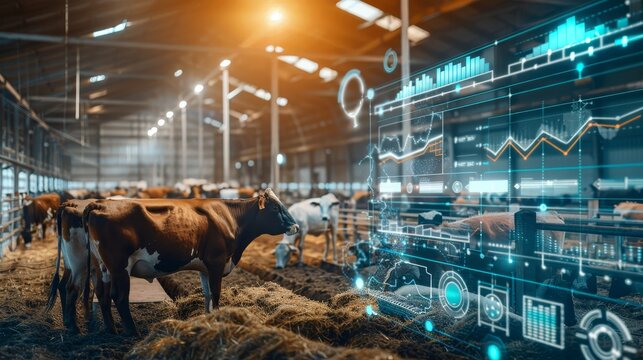 Innovative dairy farm featuring cows with digital tech overlays for sustainable livestock management