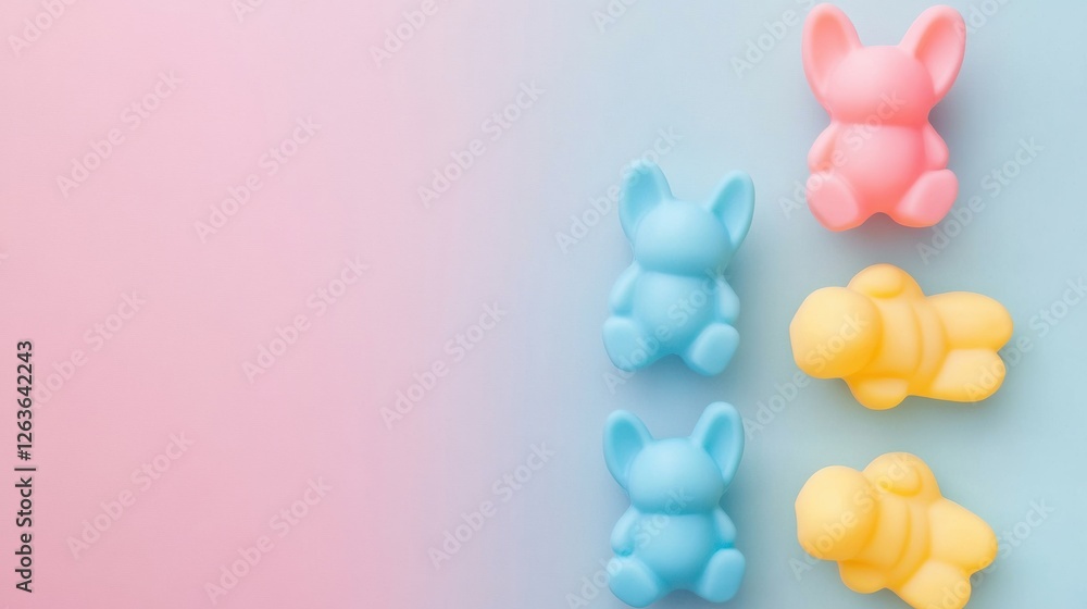 Leinwandbilder colorful pastel bunny shaped candies arranged on a gradient background with soft lighting in a playf