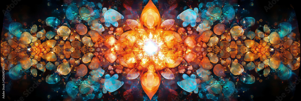 Poster bright central burst with vibrant clusters of bokeh creating a radiant, textured effect