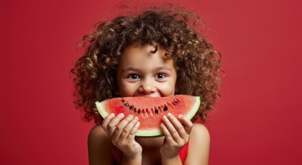 Naklejka premium Happy girl enjoying a slice of watermelon against a vibrant red background
