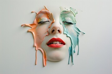 Close-up of a female with paint splashes in vibrant colors on her face, creating an artistic and surreal effect. Explosive Color Portrait, Vibrant Artistic Vision