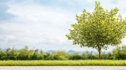 Obraz premium Single tree on green lawn, mountains background, nature serenity, environmental concept