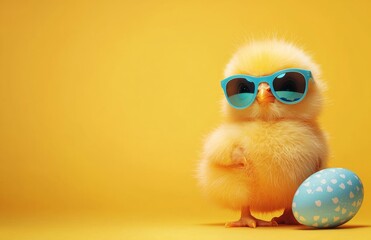 A cute yellow chick wearing blue sunglasses stands confidently next to a pastel-colored Easter egg against a vibrant yellow backdrop, capturing the fun essence of spring festivities.