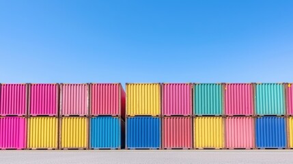 Obraz premium Colorful shipping containers at port, clear sky. Global trade, logistics