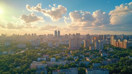 Obraz premium Aerial panoramic city view of downtown area, daytime. Birds-eye view, skyscrapers, skyline. Concept of data protection regulation and privacy for individuals