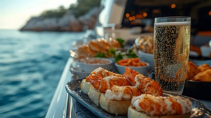 A plate of food and a glass of beer are on a boat in the ocean