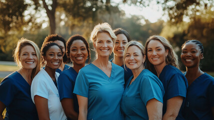 Obraz premium A team of nurses in blue and white scrubs standing close together smiling under natural sunlight in an outdoor setting with green trees in the background 