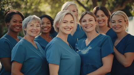 Obraz premium A group of friendly female nurses in blue scrubs smiling confidently in daylight symbolizing teamwork dedication and compassionate healthcare service