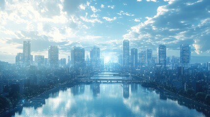 Naklejka premium Bridges with city financial downtown skyline panorama at daytime. Concept of data protection, regulation, and privacy for individuals